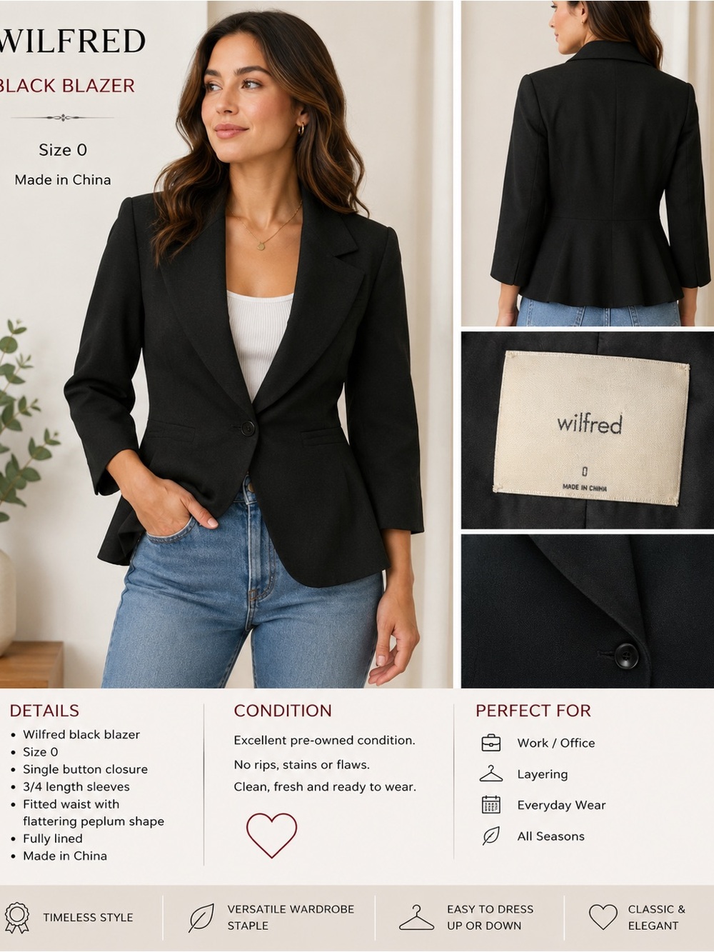 Wilfred Black Peplum Blazer - Tailored Single-Button Jacket